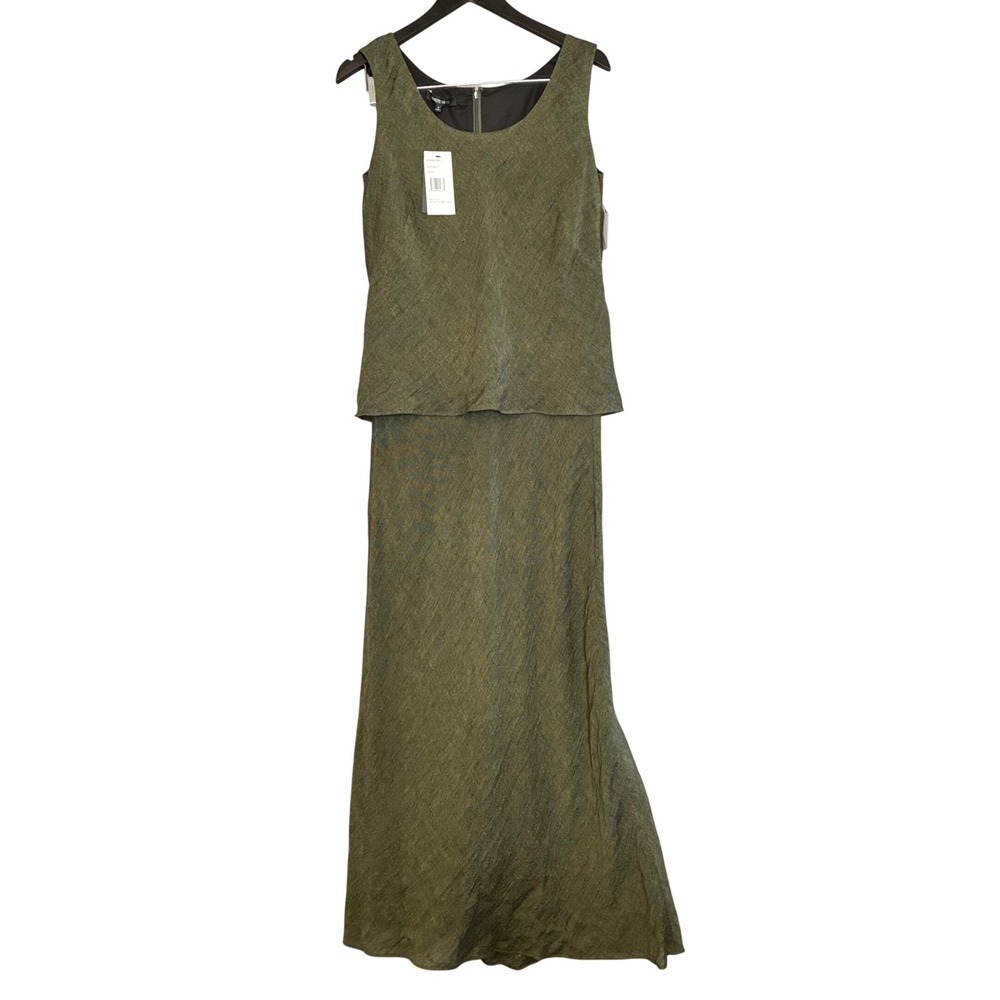Lafayette 148 Linen Column Dress Maxi Olive Green Relaxed Lined Lagenlook 6‎ NWT
